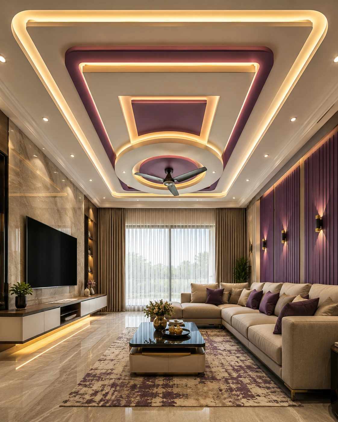 Plum Purple Layered False Ceiling with Gold LED Trim