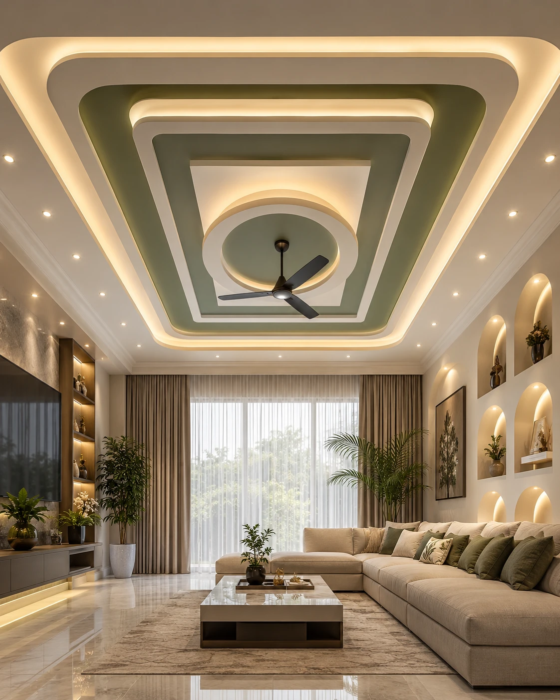 Sage Green Multi-Layer Square False Ceiling with Circular Fan Ring