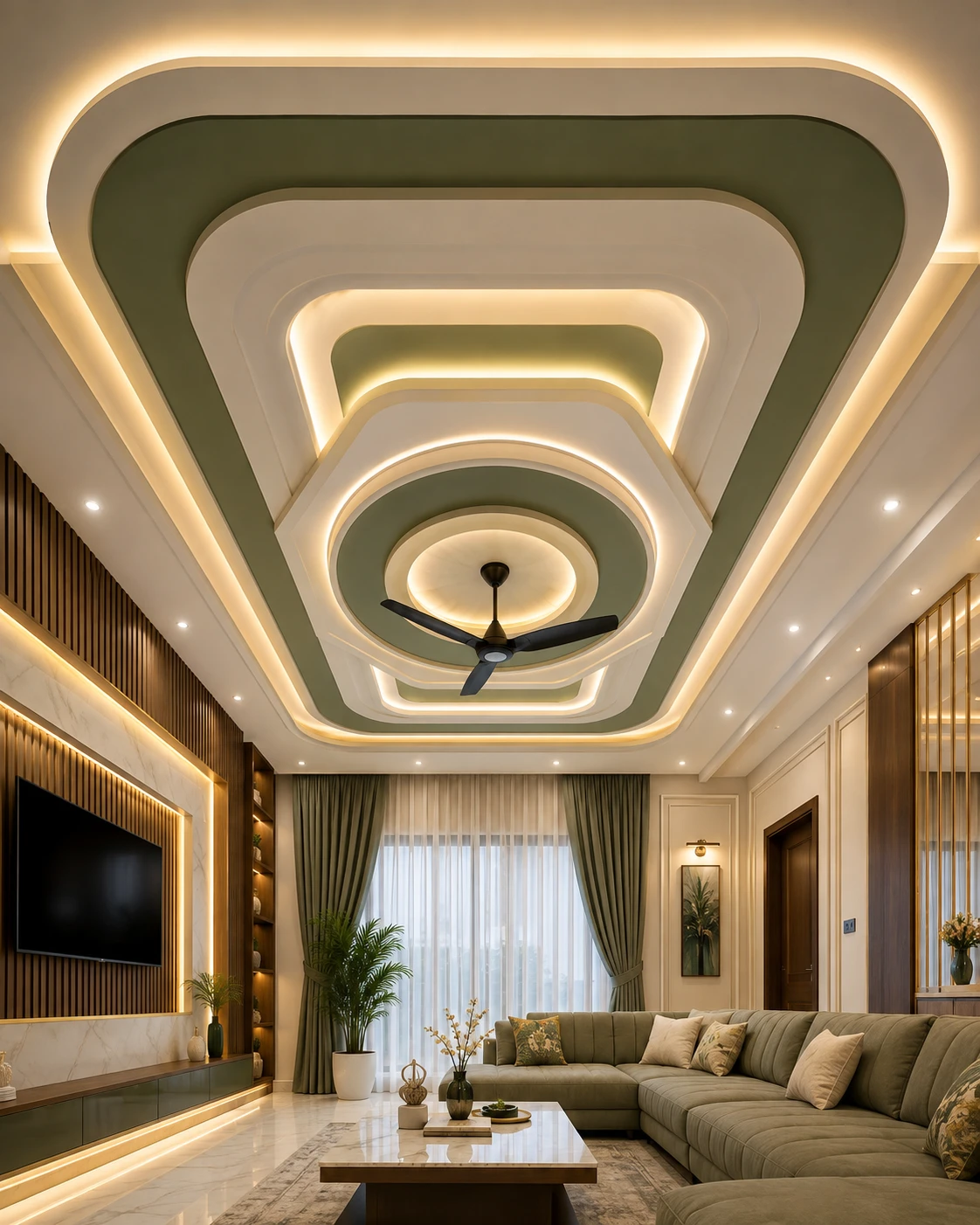 Hexagonal Olive Green False Ceiling with Concentric Rings