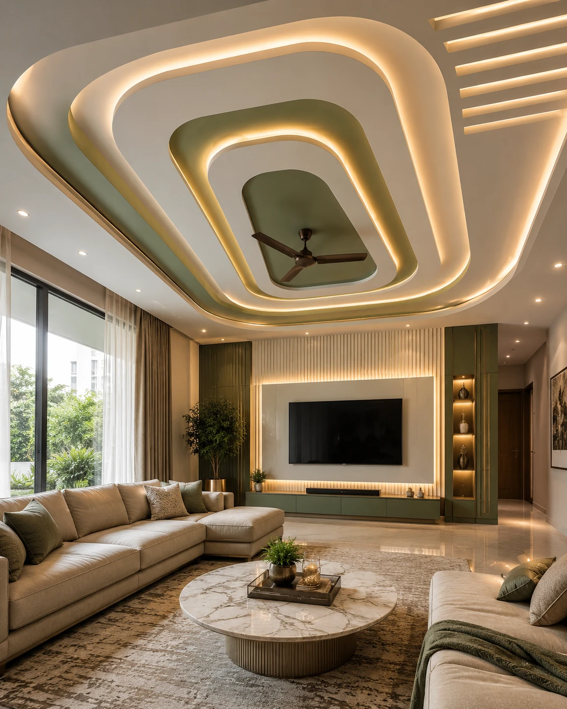 Sage Green Rounded Square False Ceiling with Angled Bars