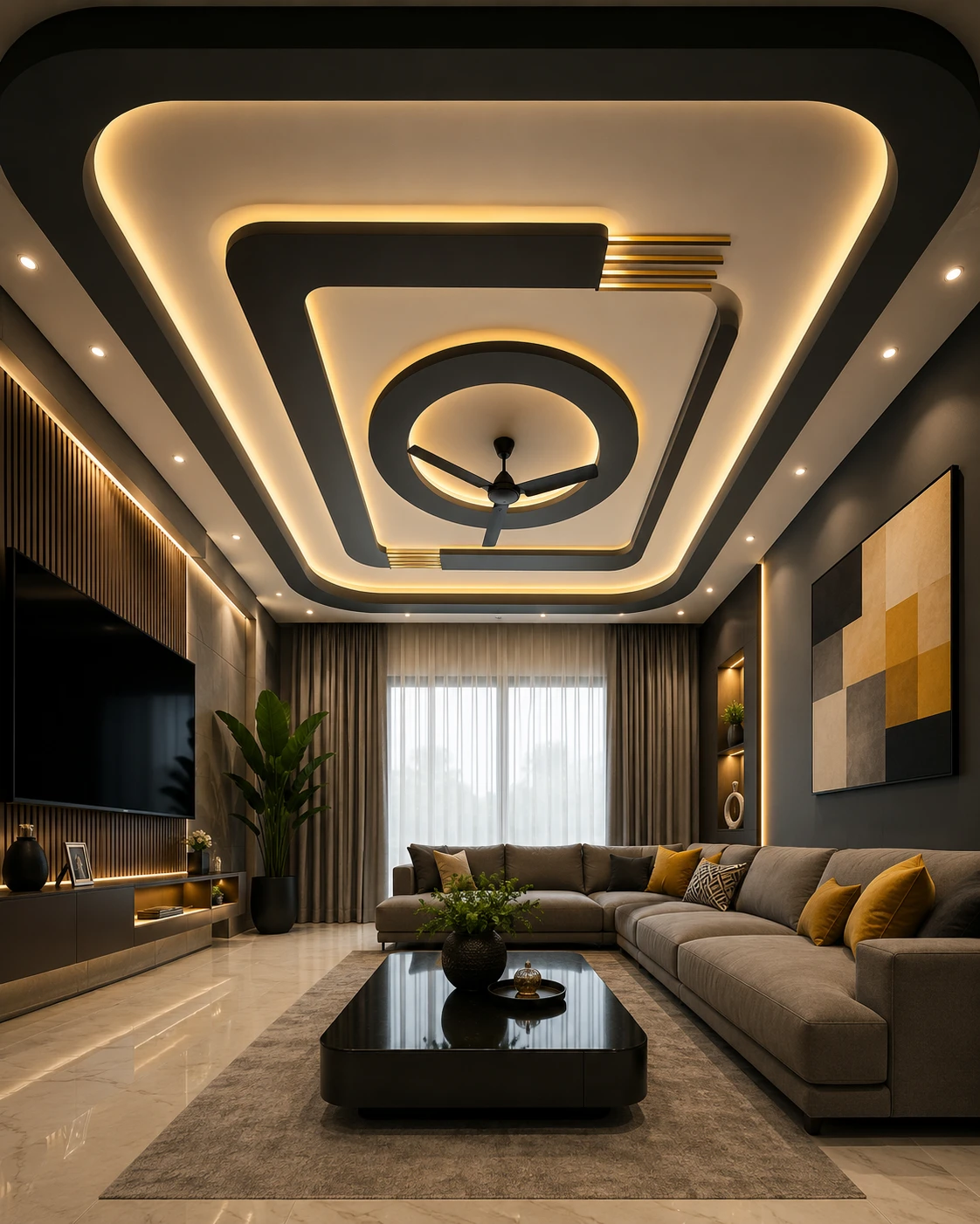 Charcoal Framed Triangular False Ceiling with Gold Accent Bars