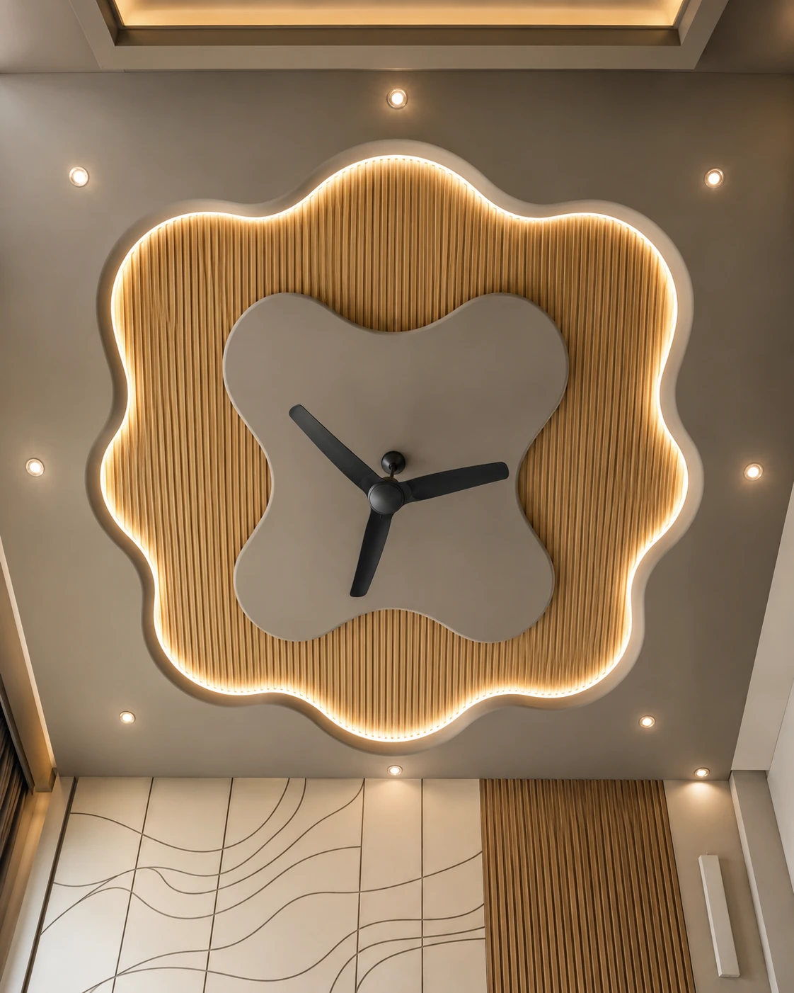 Scalloped Flower-Shaped False Ceiling with Fluted Wood Ring