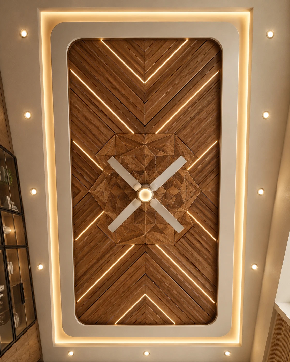 Herringbone Wood False Ceiling with Starburst Center