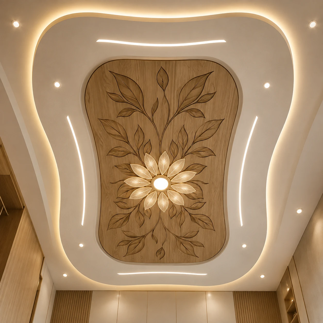 Carved Wood Panel False Ceiling with Floral Light Bloom
