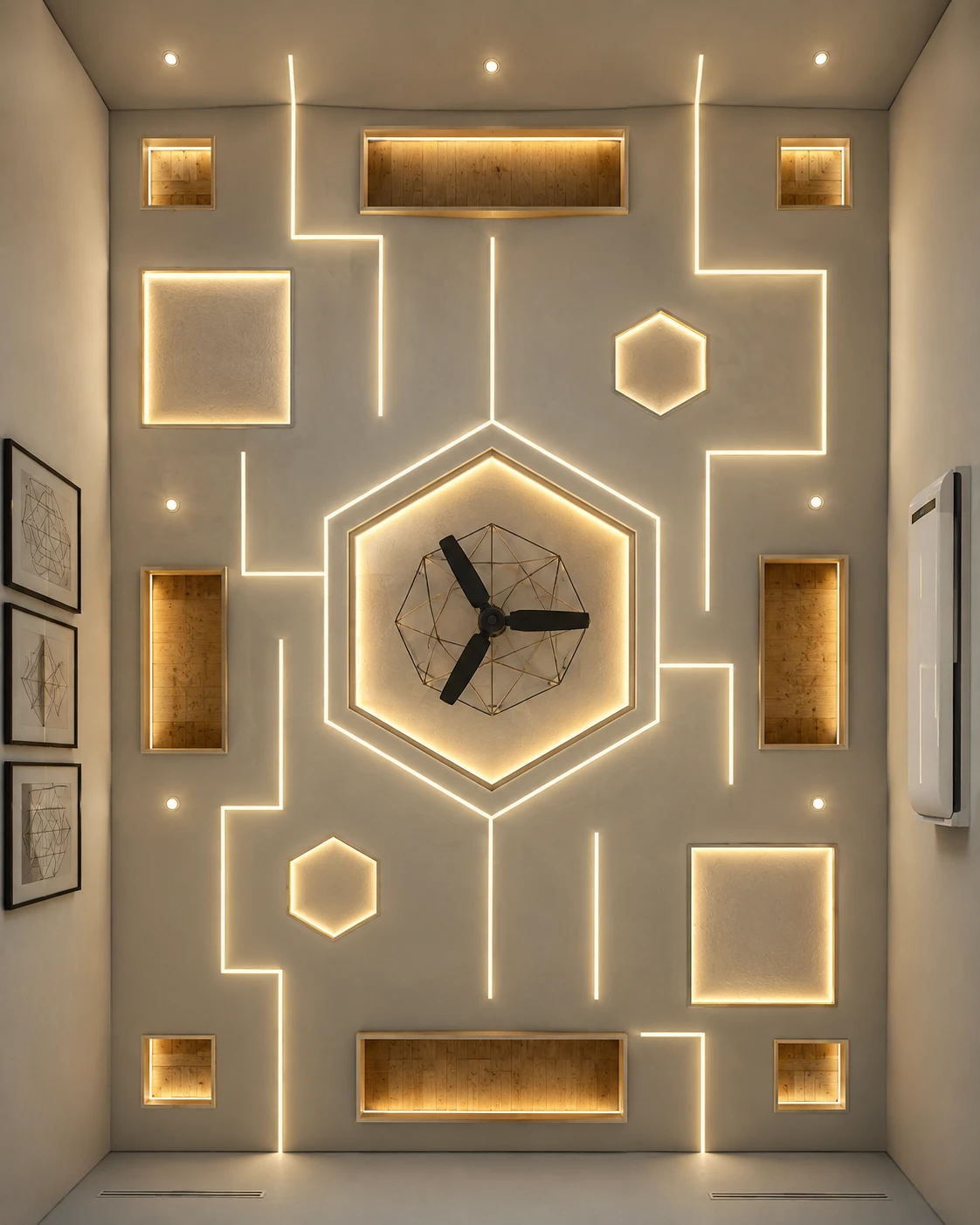 Circuit-Inspired False Ceiling with Hexagon Fan Frame