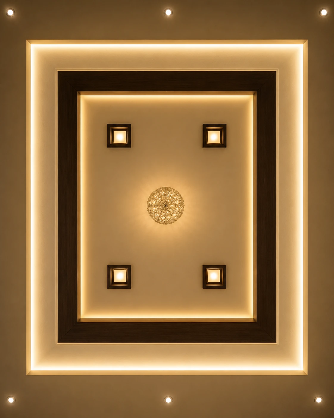 Wood-Trimmed Rectangular False Ceiling with Sphere Pendant