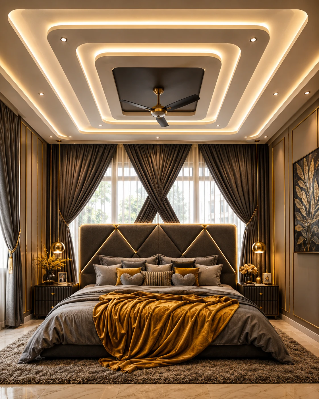 Concentric Rectangular False Ceiling with Matte Black Fan Panel