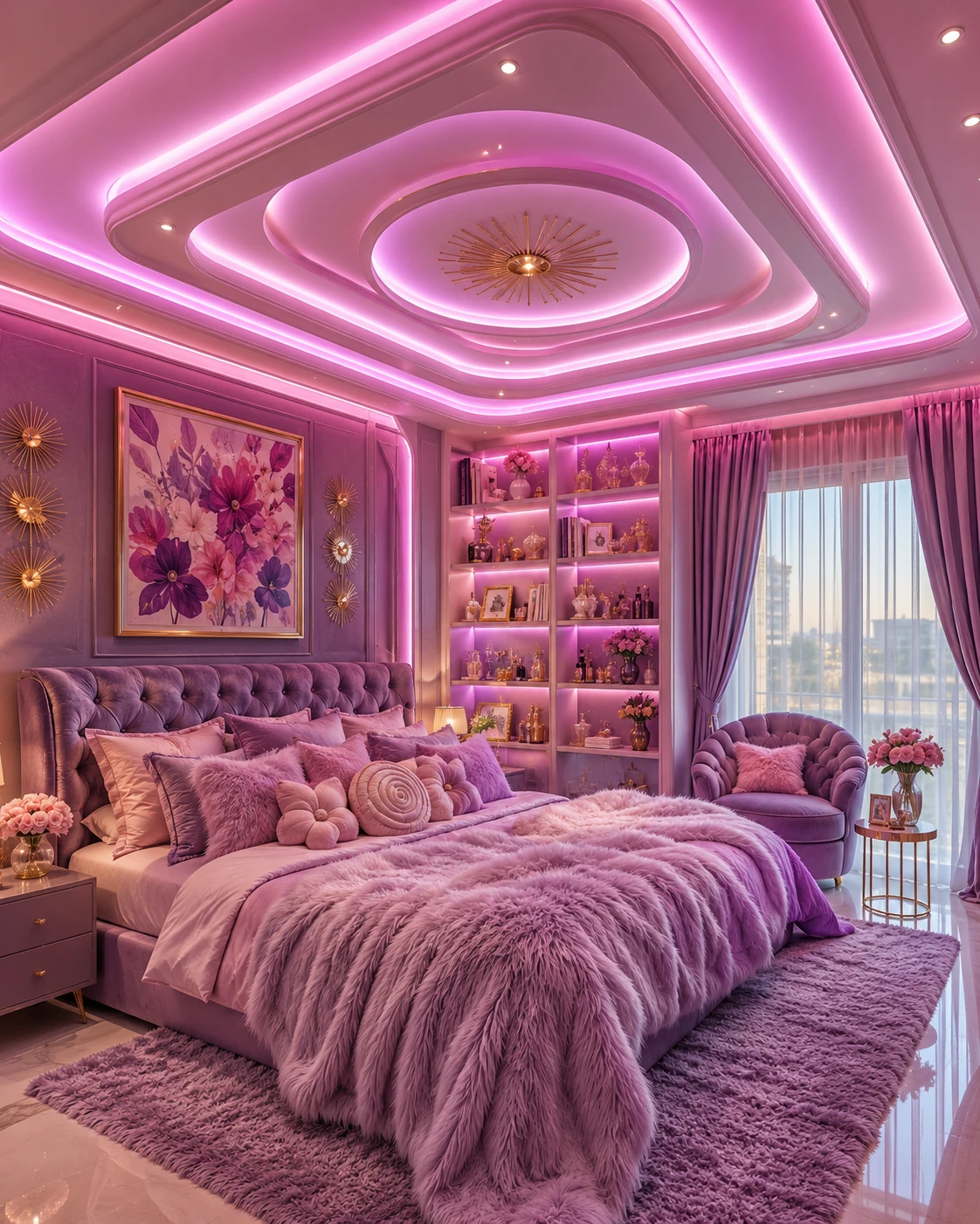 Pink Neon LED False Ceiling with Sunburst Medallion