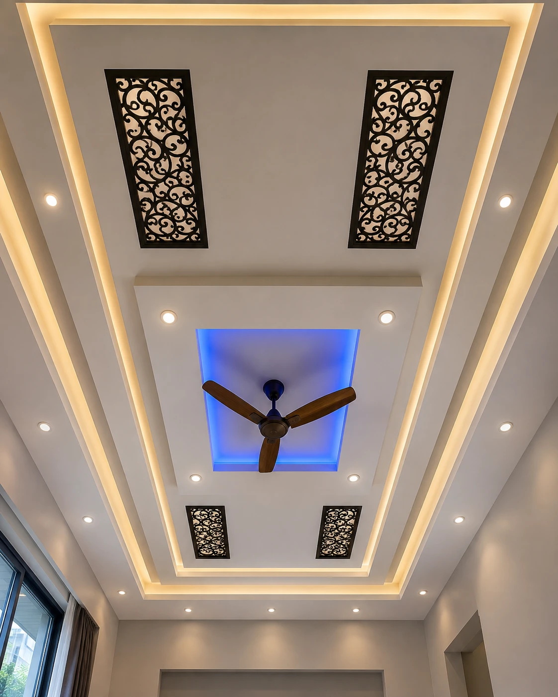RGB Accent False Ceiling with Carved Wood Panels