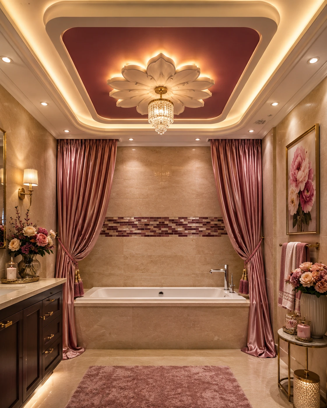 Floral Medallion False Ceiling with Maroon Accent Panel