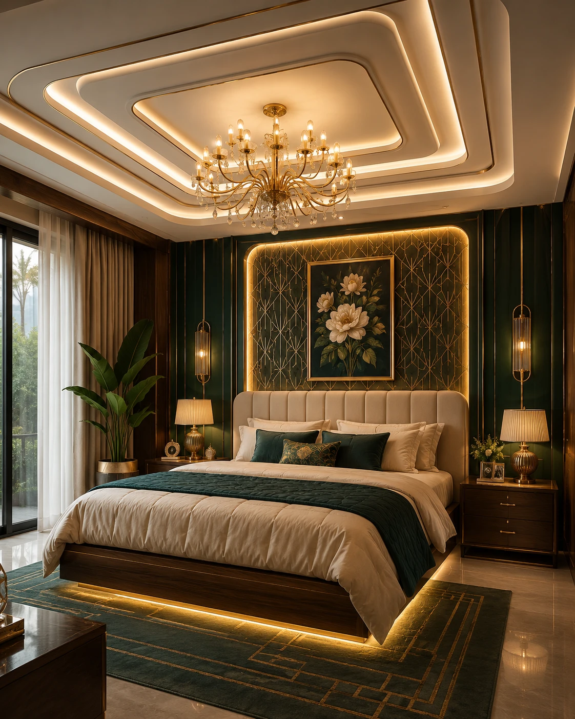  Layered Diamond False Ceiling with Crystal Chandelier