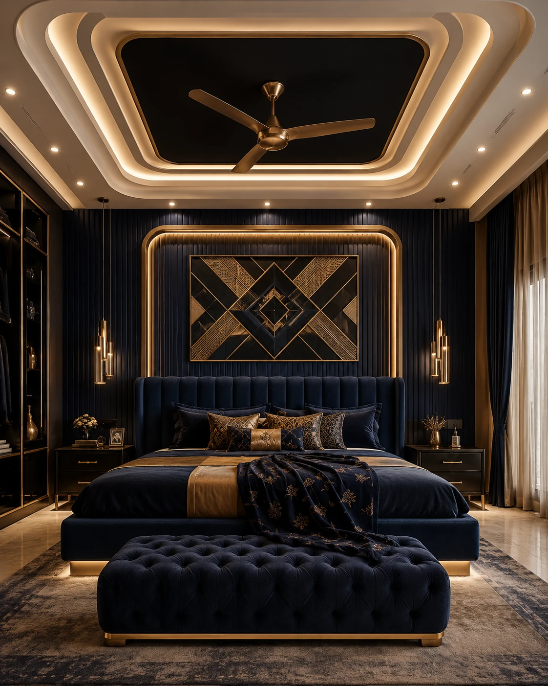 Black Panel False Ceiling with Brass Trim