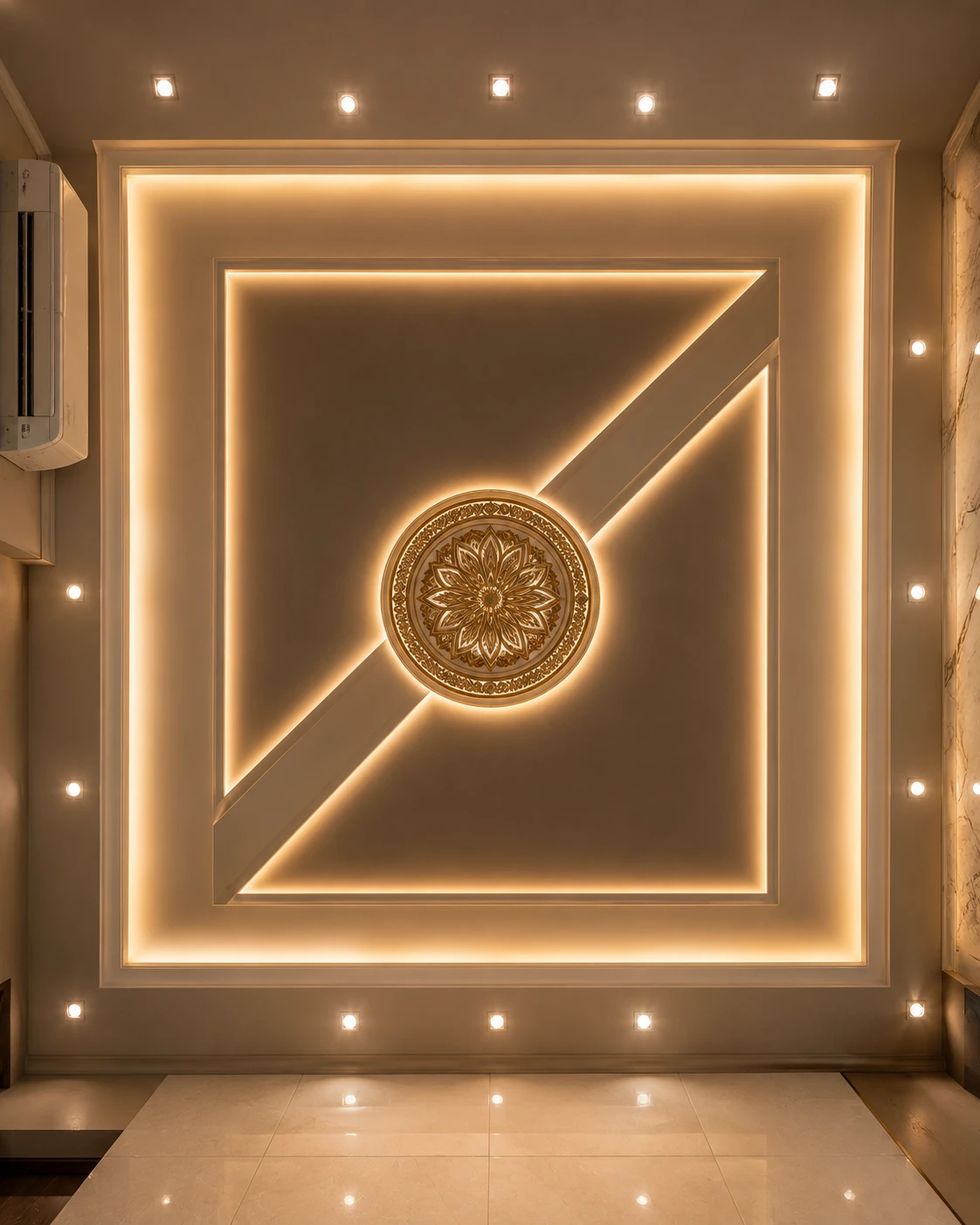 Geometric Diagonal False Ceiling with Golden Medallion