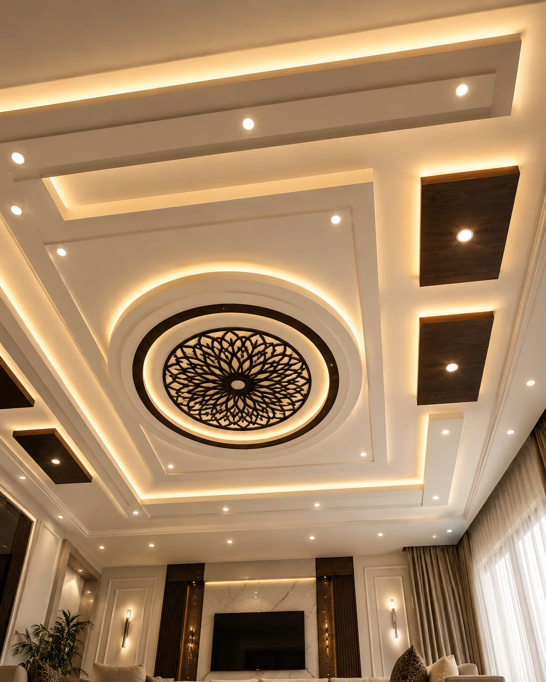 Gypsum False Ceiling with Floral Medallion and Cove Lighting