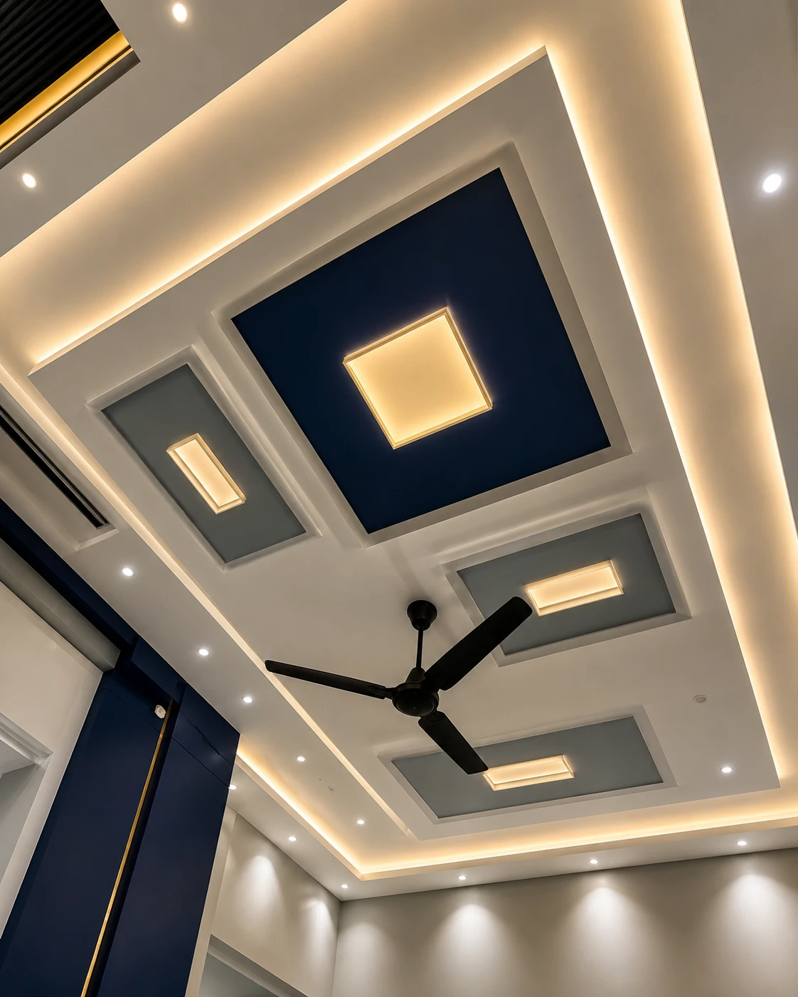 Navy Blue Panel False Ceiling with Floating Square Modules