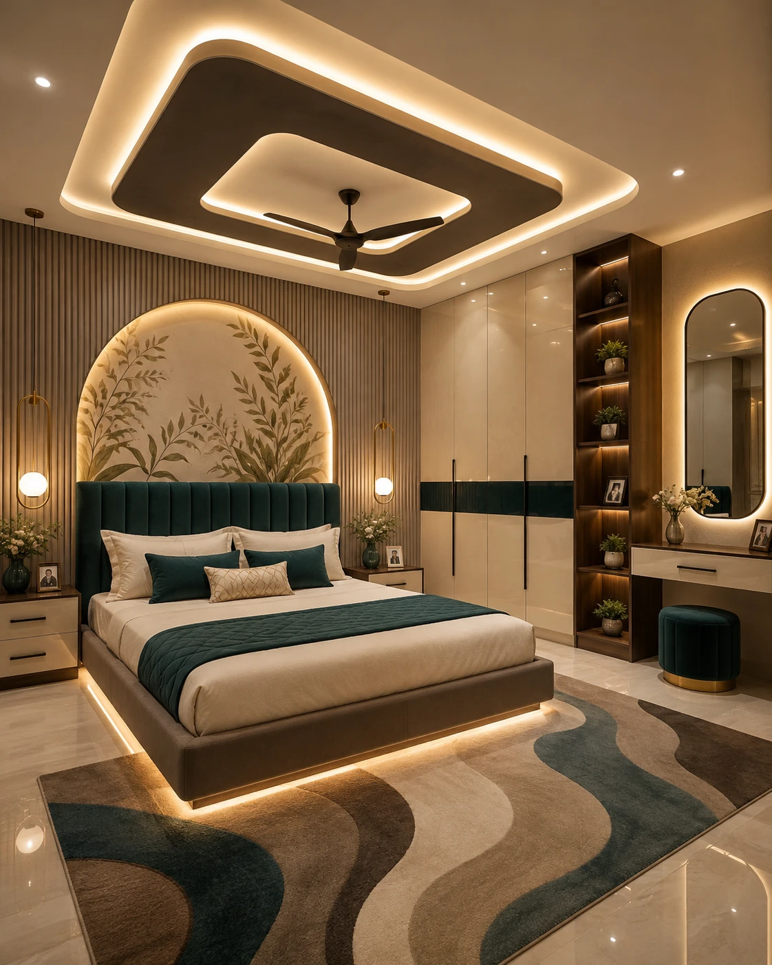 Layered Box Ceiling with Cove Lighting and Botanical Wall Art