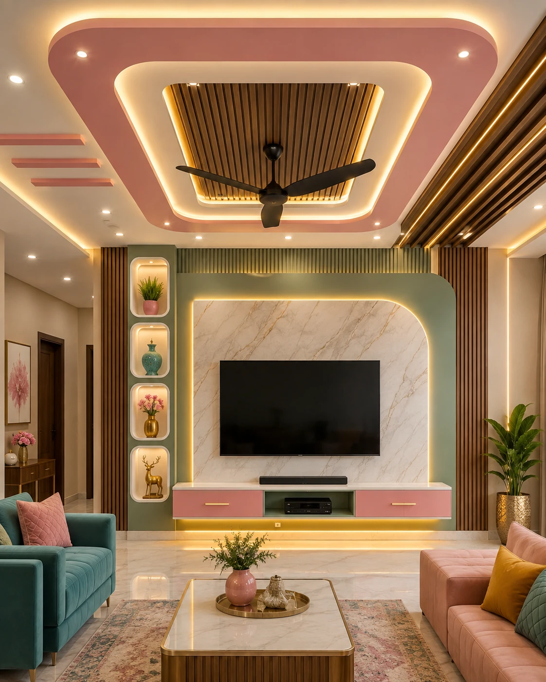 Pink and Wood Tray Ceiling with Slatted Fan Recess