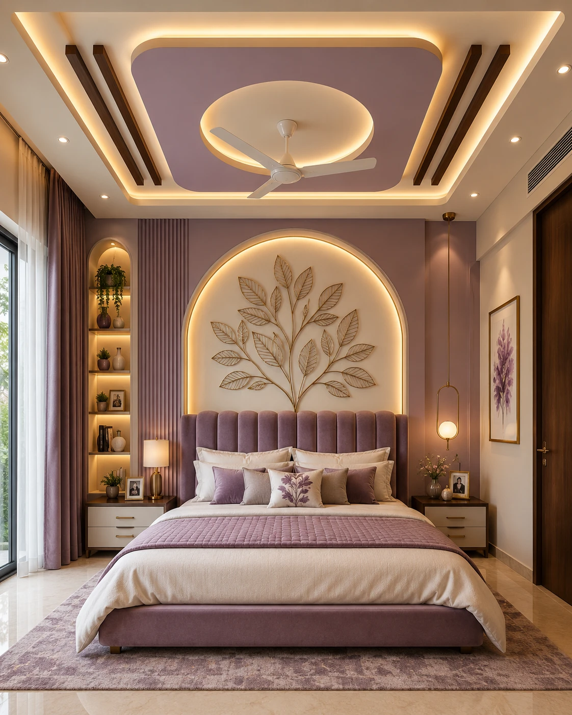 Mauve Circular Fan Ceiling with Golden Leaf Wall Art