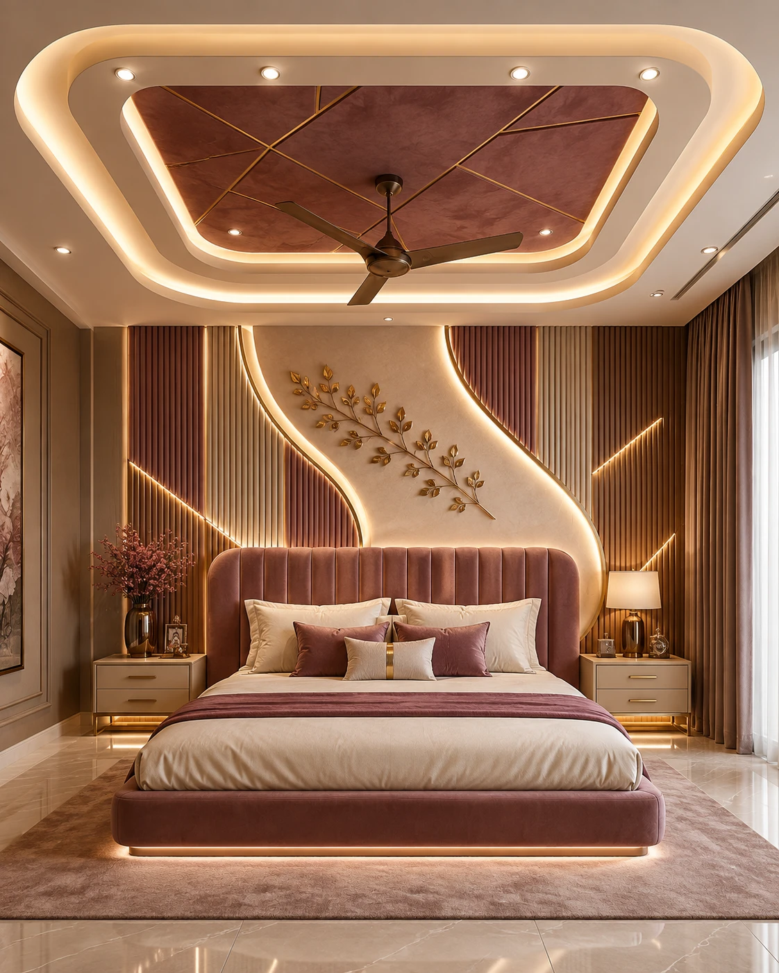 Geometric Rose Gold Ceiling with Curved Wall Panel