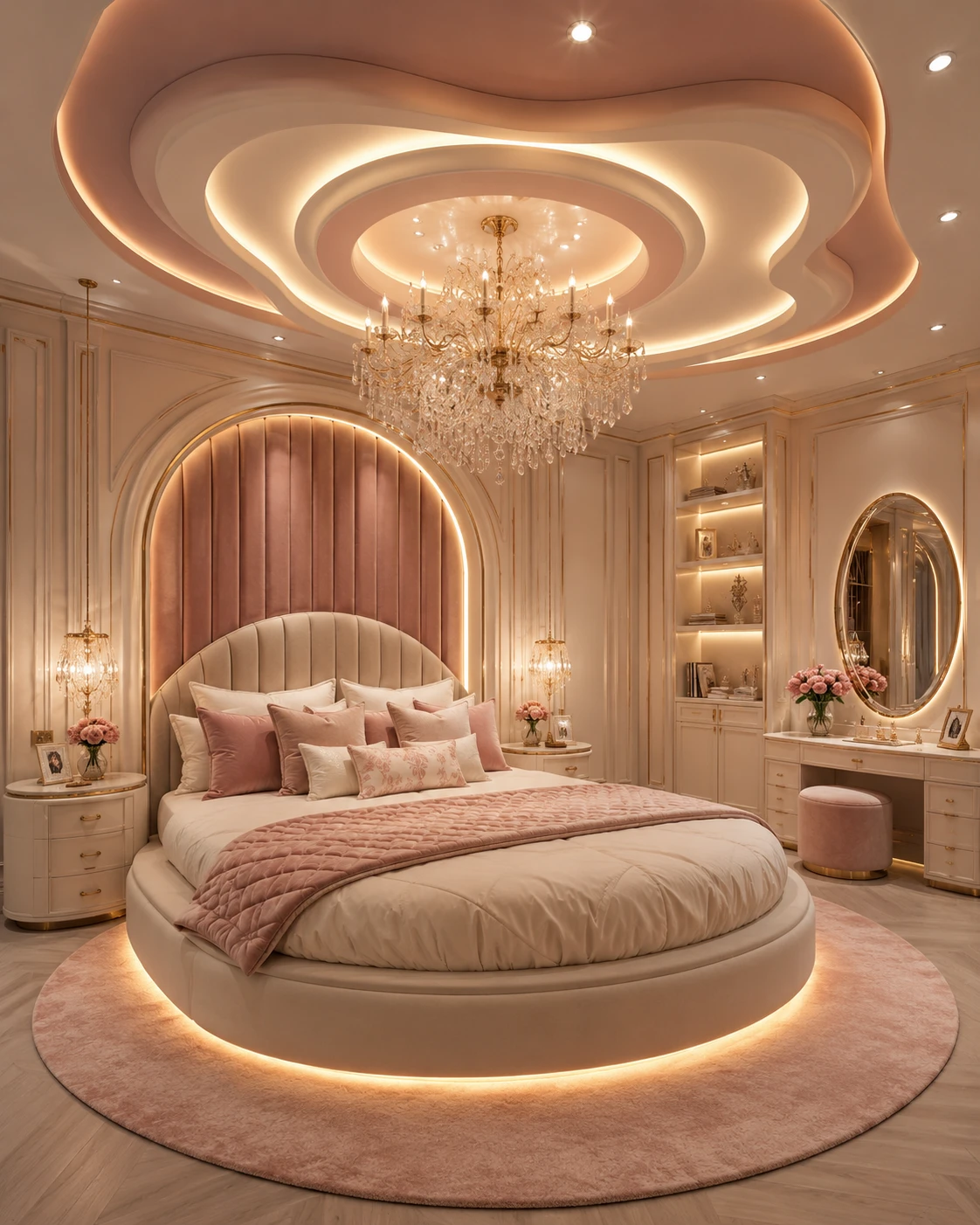Curved Blush Ceiling with Crystal Chandelier