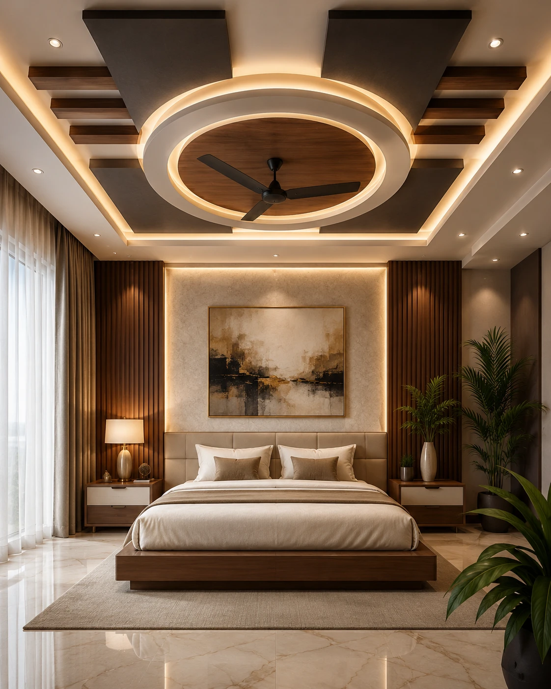 Circular Wood Panel Ceiling with Angled Dark Wing Accents