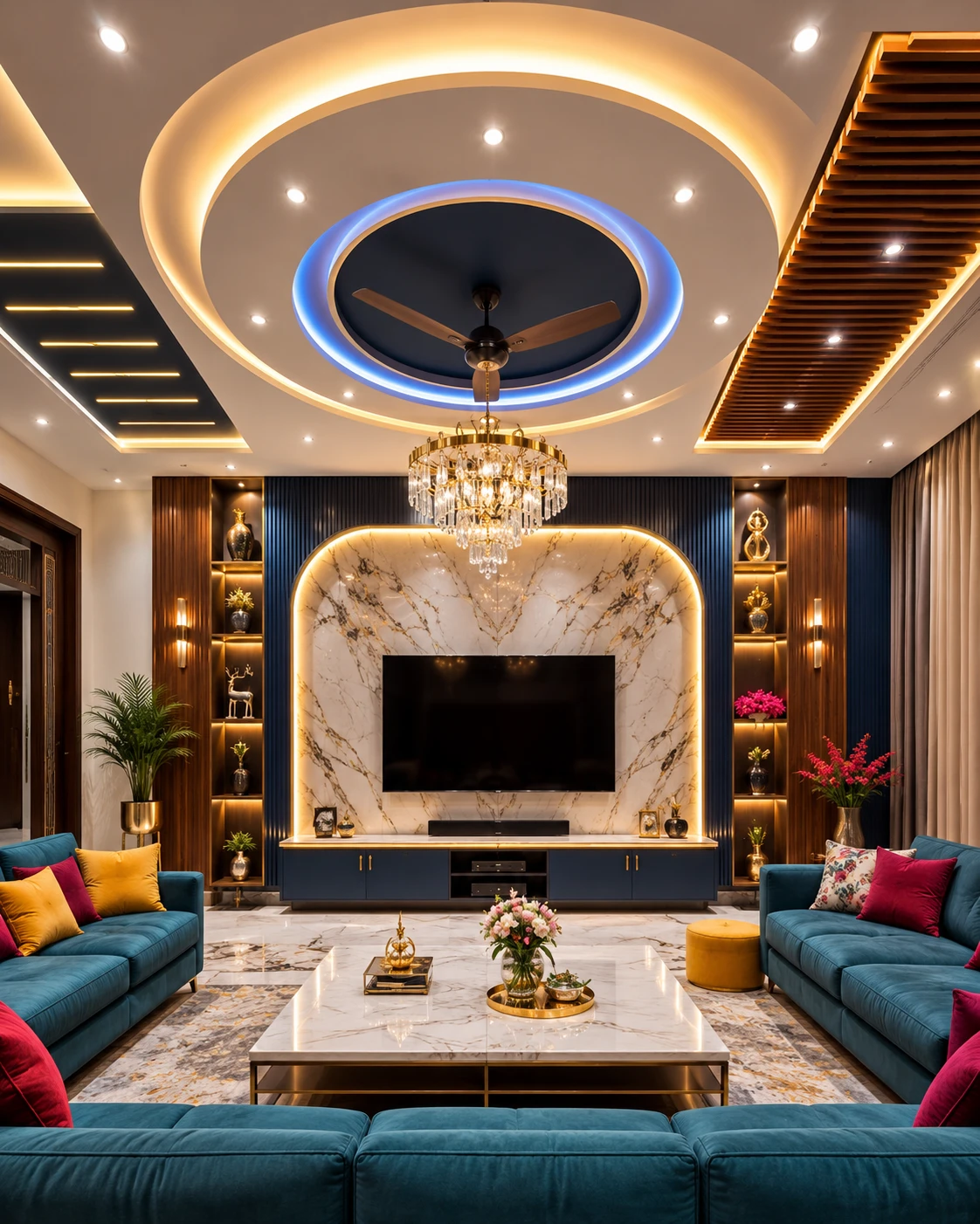 Navy Ring Ceiling with Blue LED Fan Border