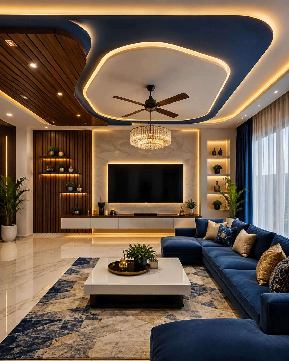 Navy Freeform Ceiling with Wood Panel Border