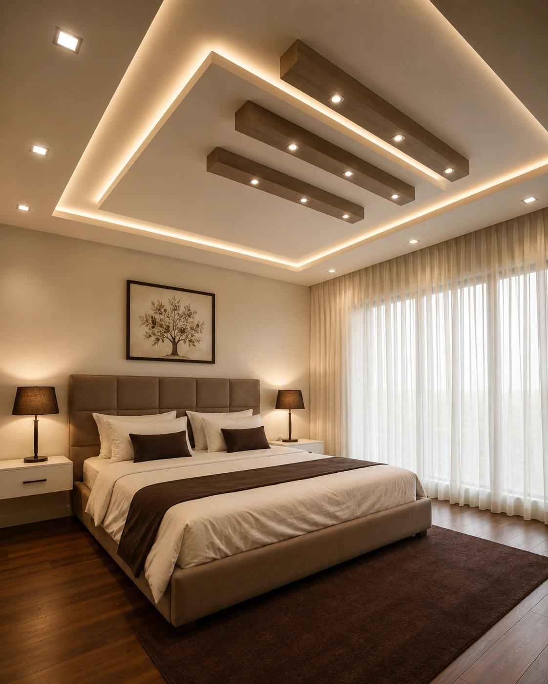 Wooden Beam Tray Ceiling with Warm Cove Lighting