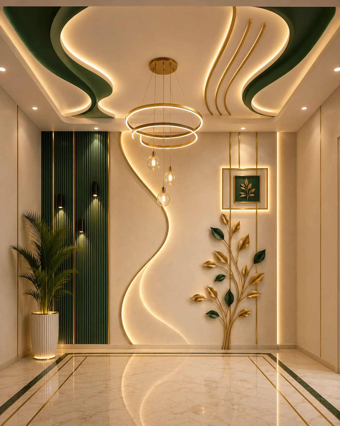 Green and Gold Wave Ceiling with Ring Pendant Light