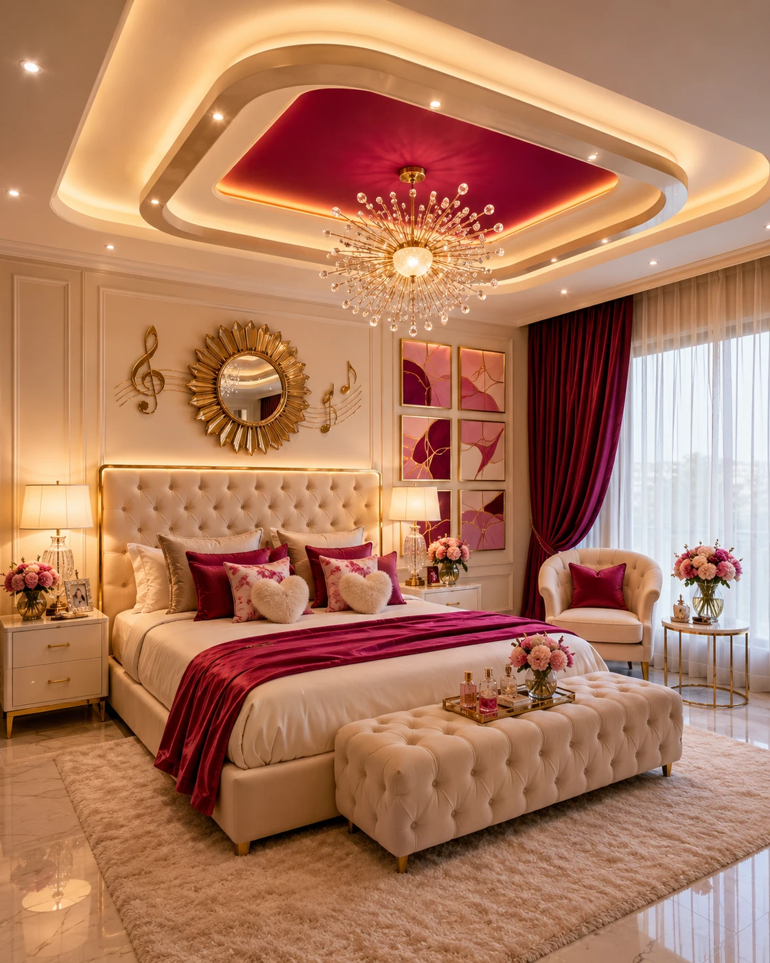 Magenta Panel Ceiling with Starburst Chandelier
