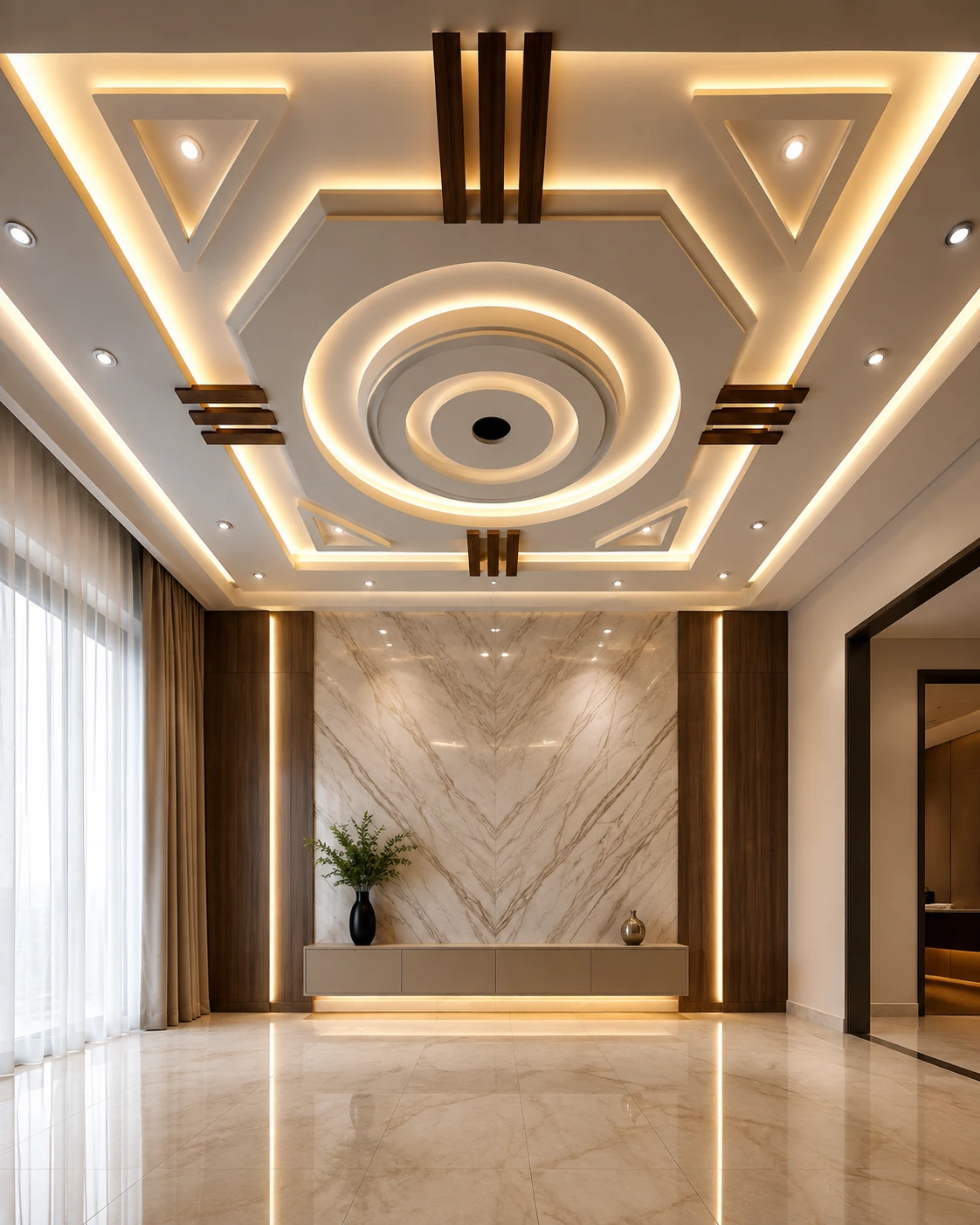 Hexagon Triangle Ceiling with Central Ring Medallion