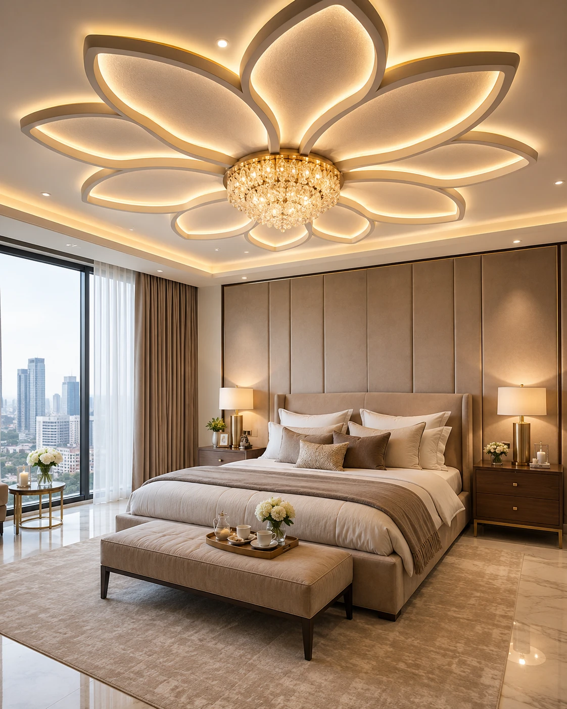 Lotus Petal Ceiling with Crystal Chandelier
