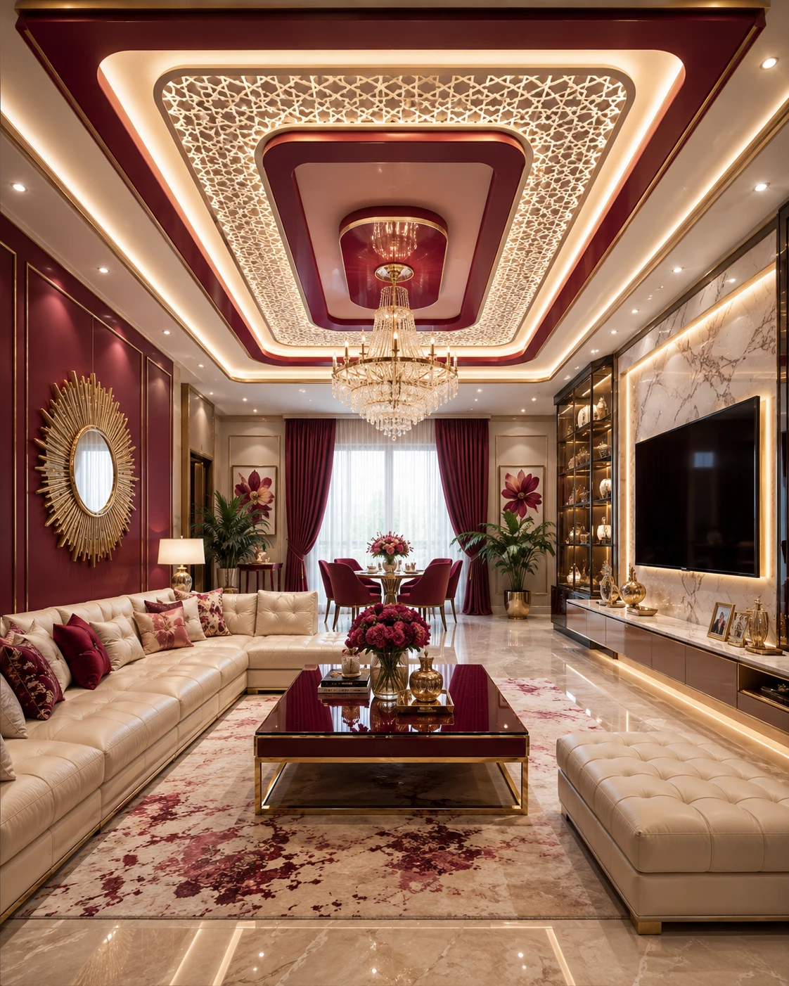Maroon Jali Ceiling with Crystal Chandelier