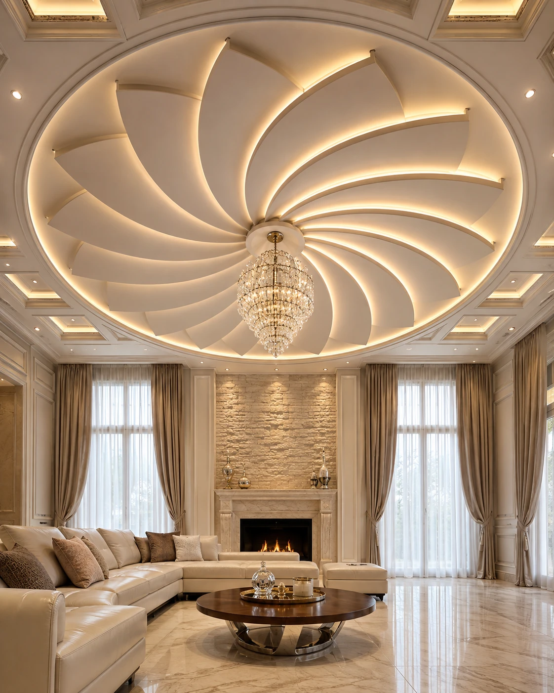 Spiral Swirl Dome Ceiling with Crystal Pendant