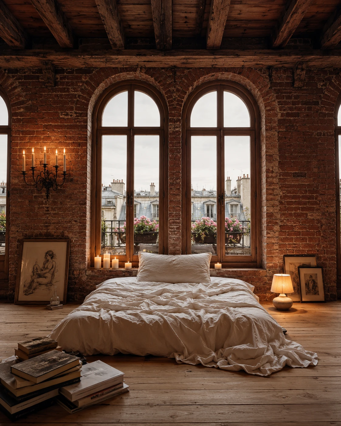 Exposed Brick Parisian Loft Bedroom