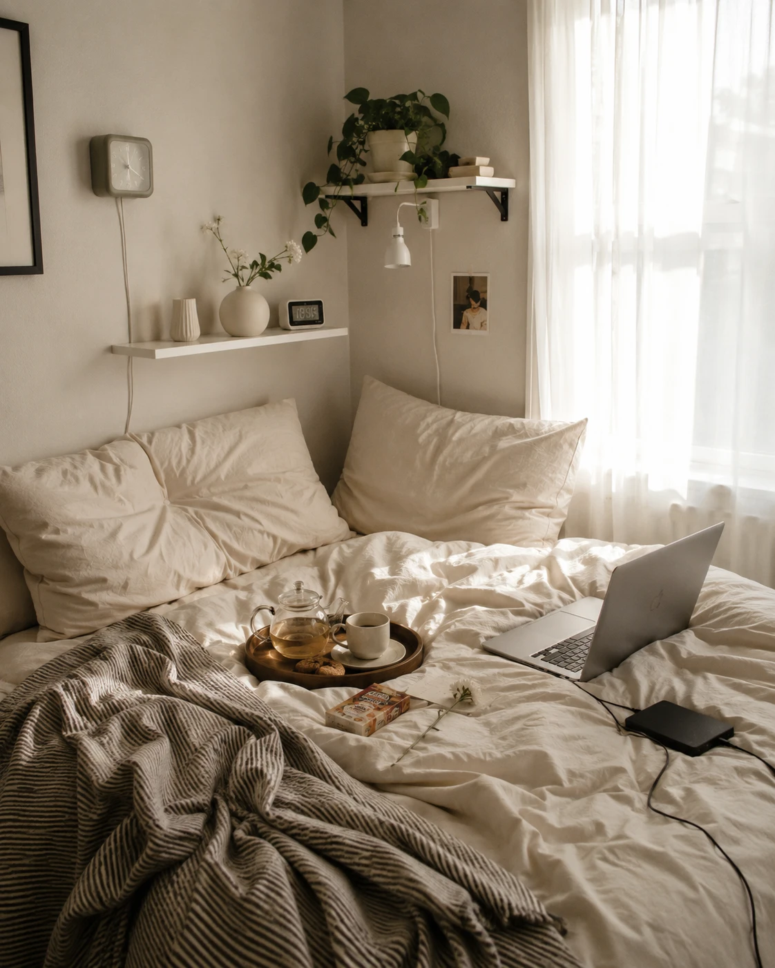 Sunlit Minimalist Breakfast in Bed Bedroom