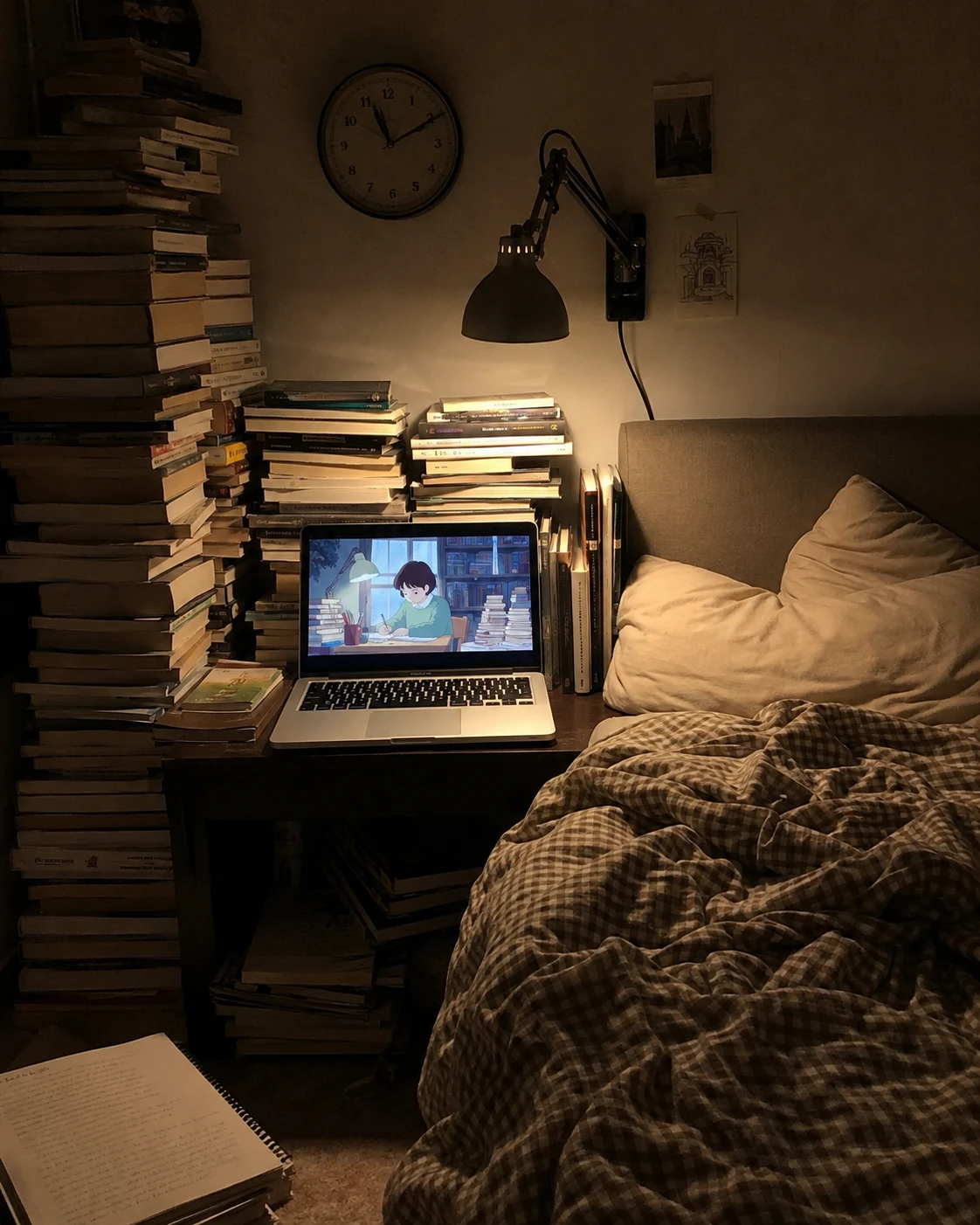 Towering Bookstack Late Night Study Bedroom