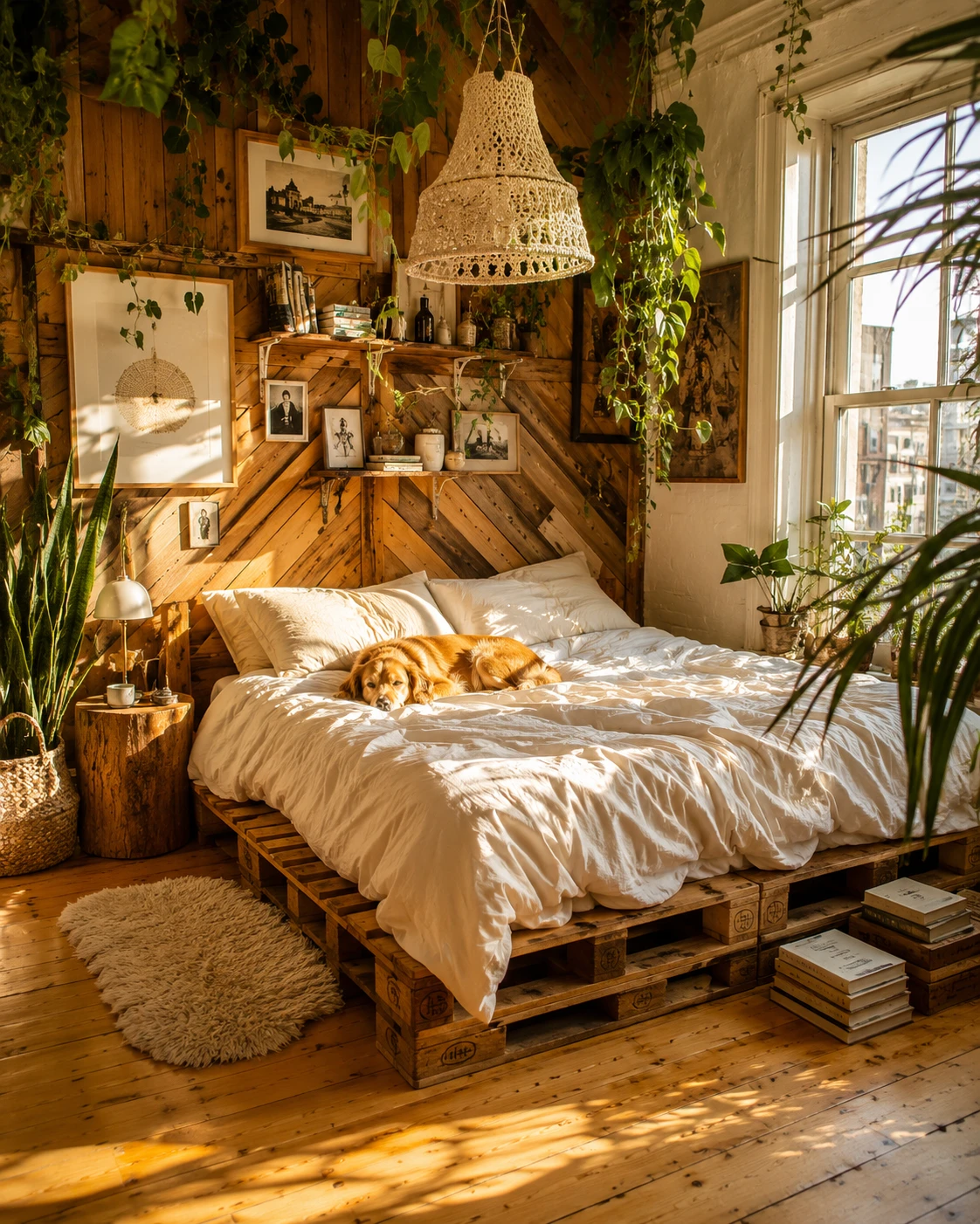 Sun Filled Wooden Jungle Bedroom with Golden Retriever