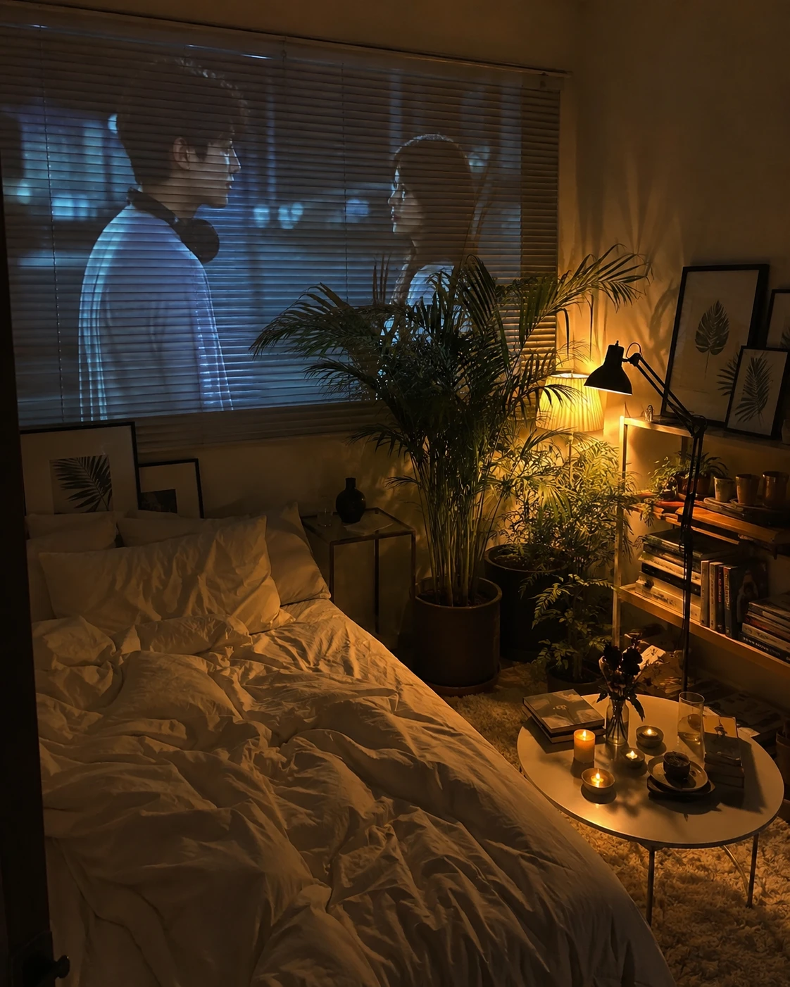 Movie Night Projector Bedroom with Candlelit Table