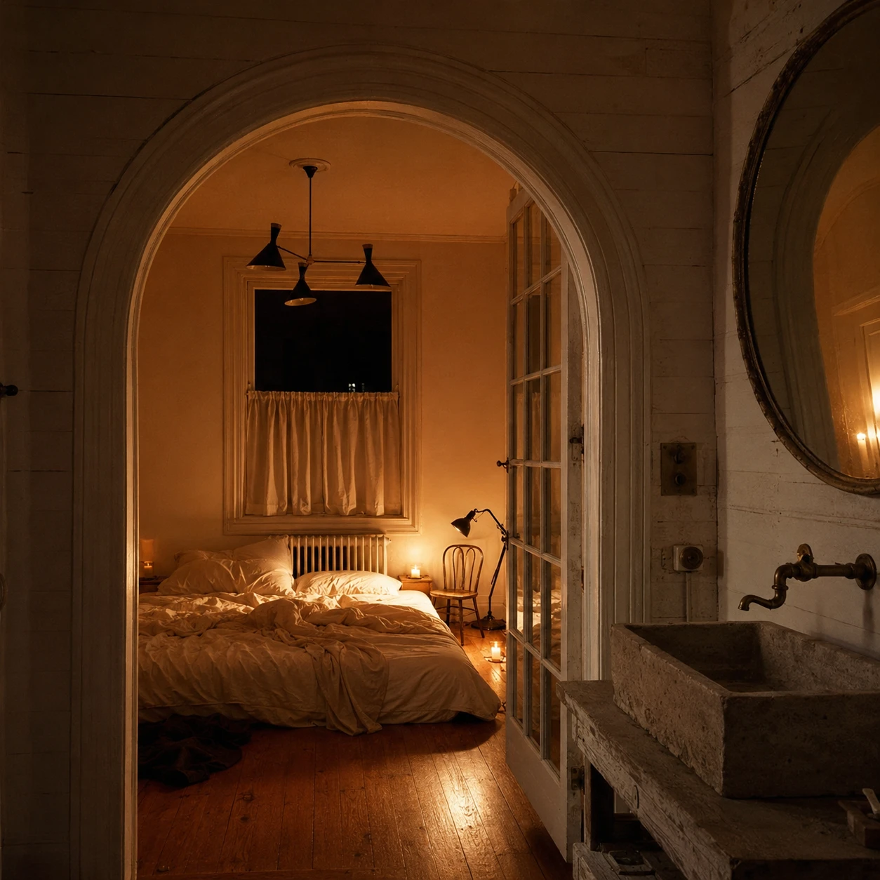 Arched Doorway Candlelit Farmhouse Bedroom