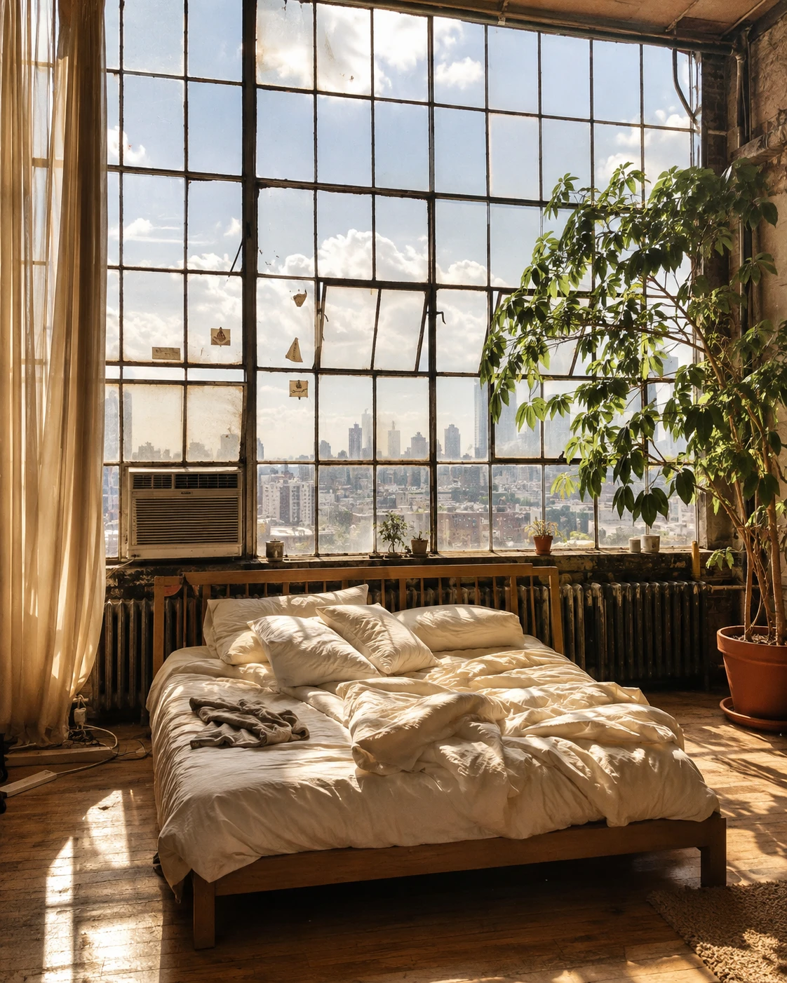 Industrial Loft Skyline View Bedroom
