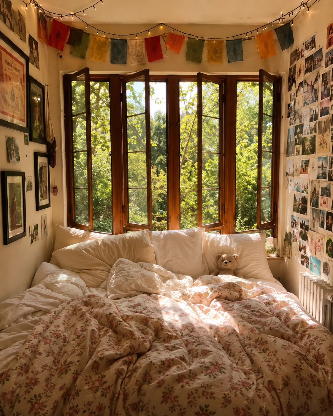 Floral Garden View Nook with Prayer Flags Bedroom
