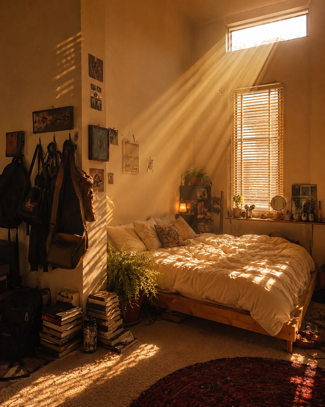 Sunbeam Traveler's Bedroom with Golden Light Rays