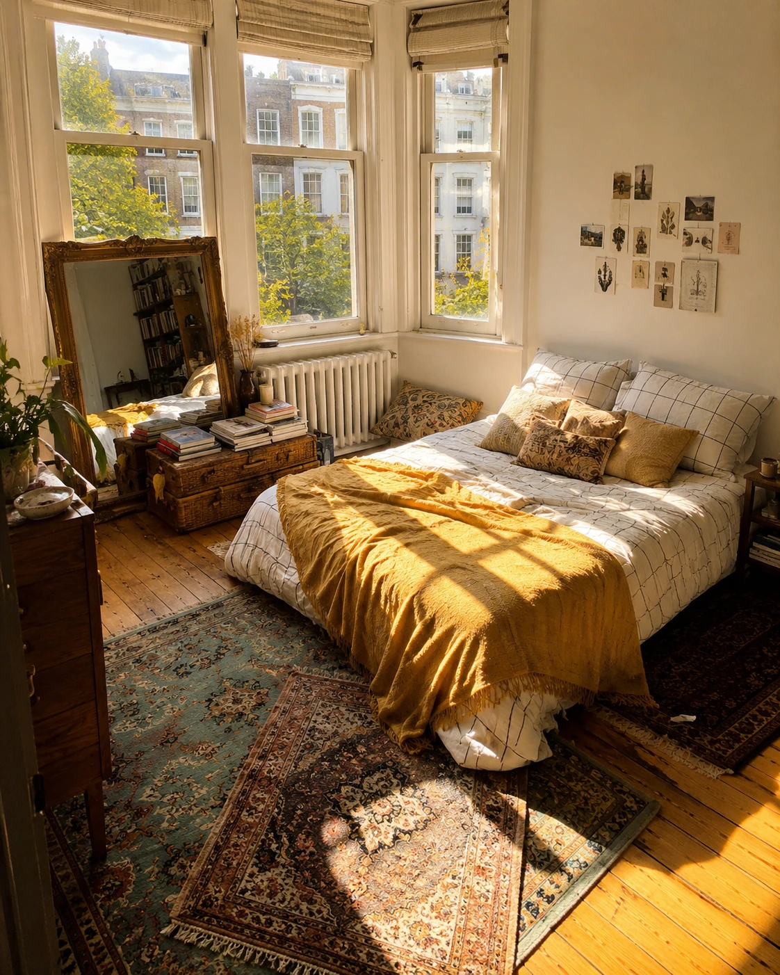 Layered Vintage Rug Mustard Throw Bedroom