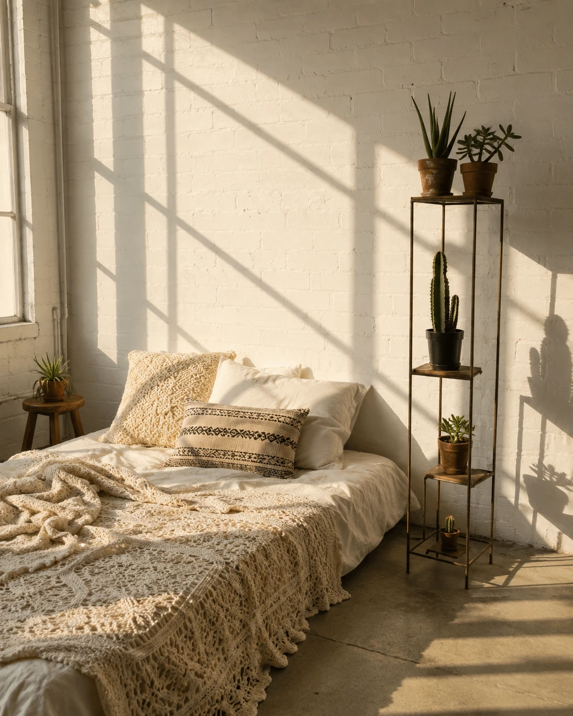 Minimalist Sunlit Cactus Ladder Bedroom