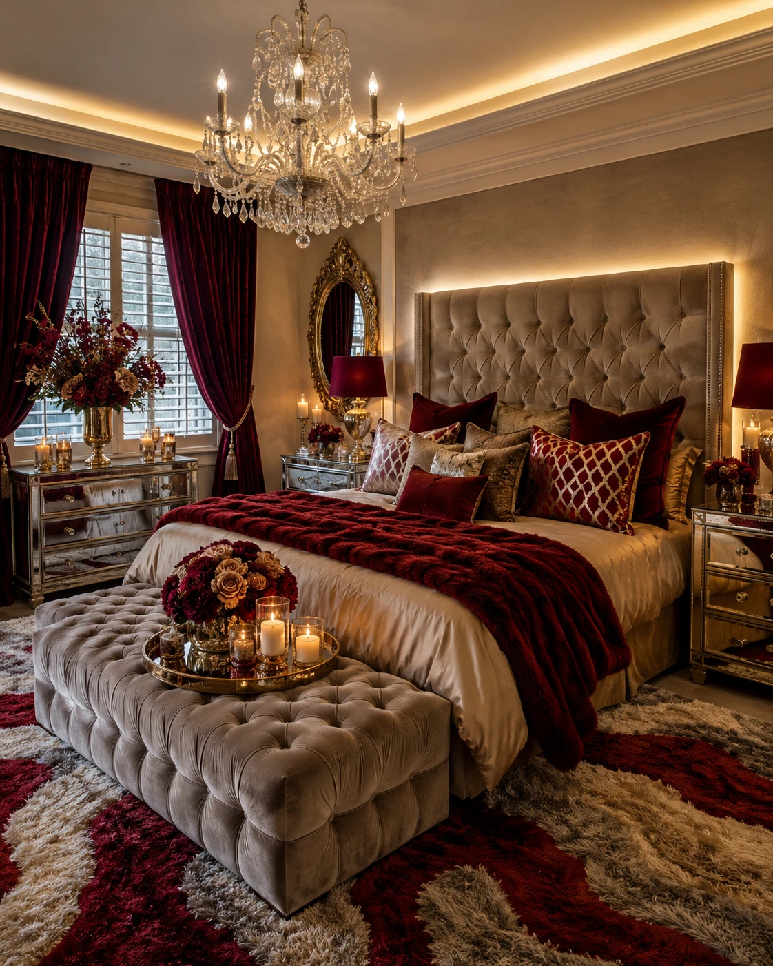 Opulent Burgundy and Champagne Bedroom