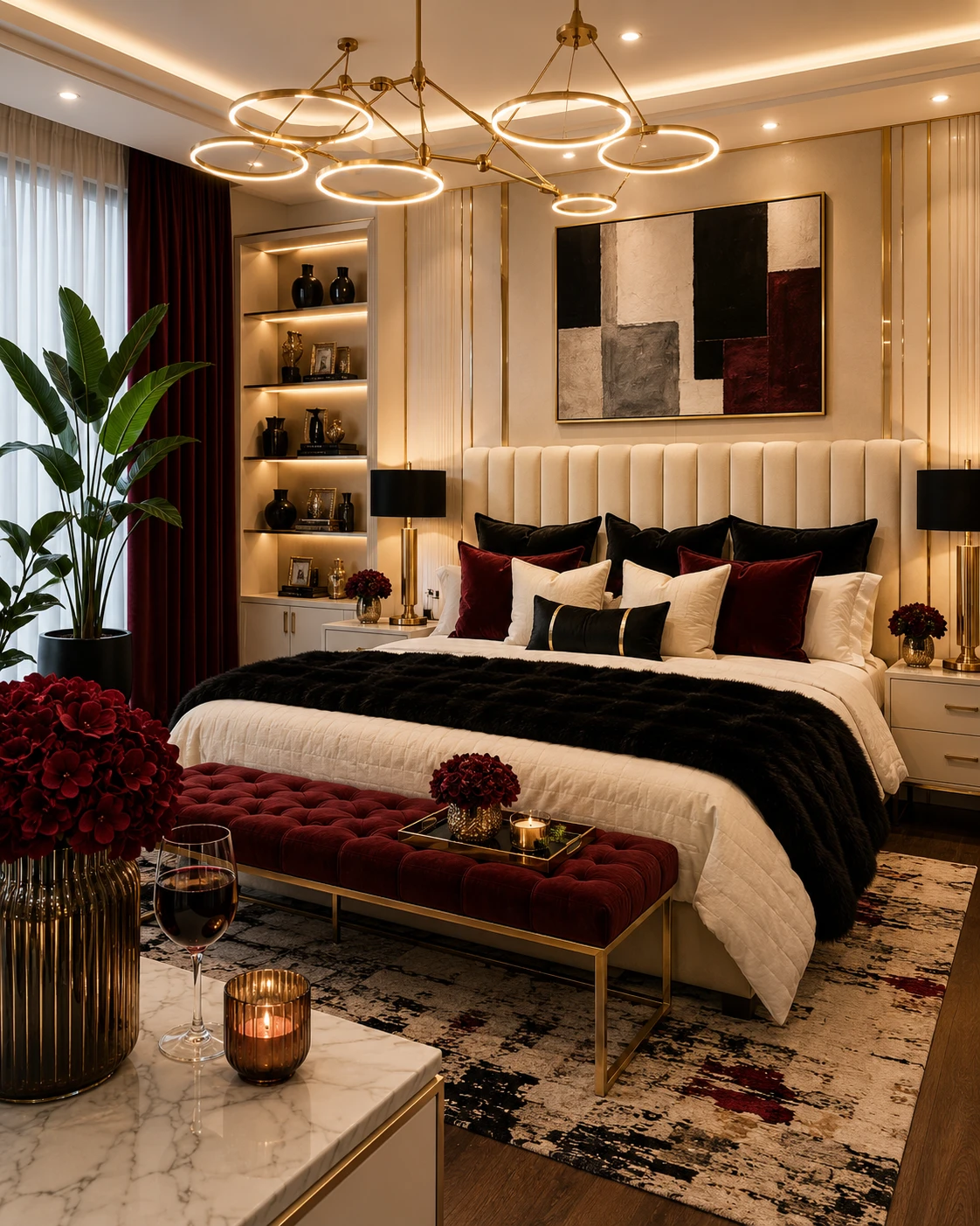 Cream, Black, and Burgundy Luxe Bedroom