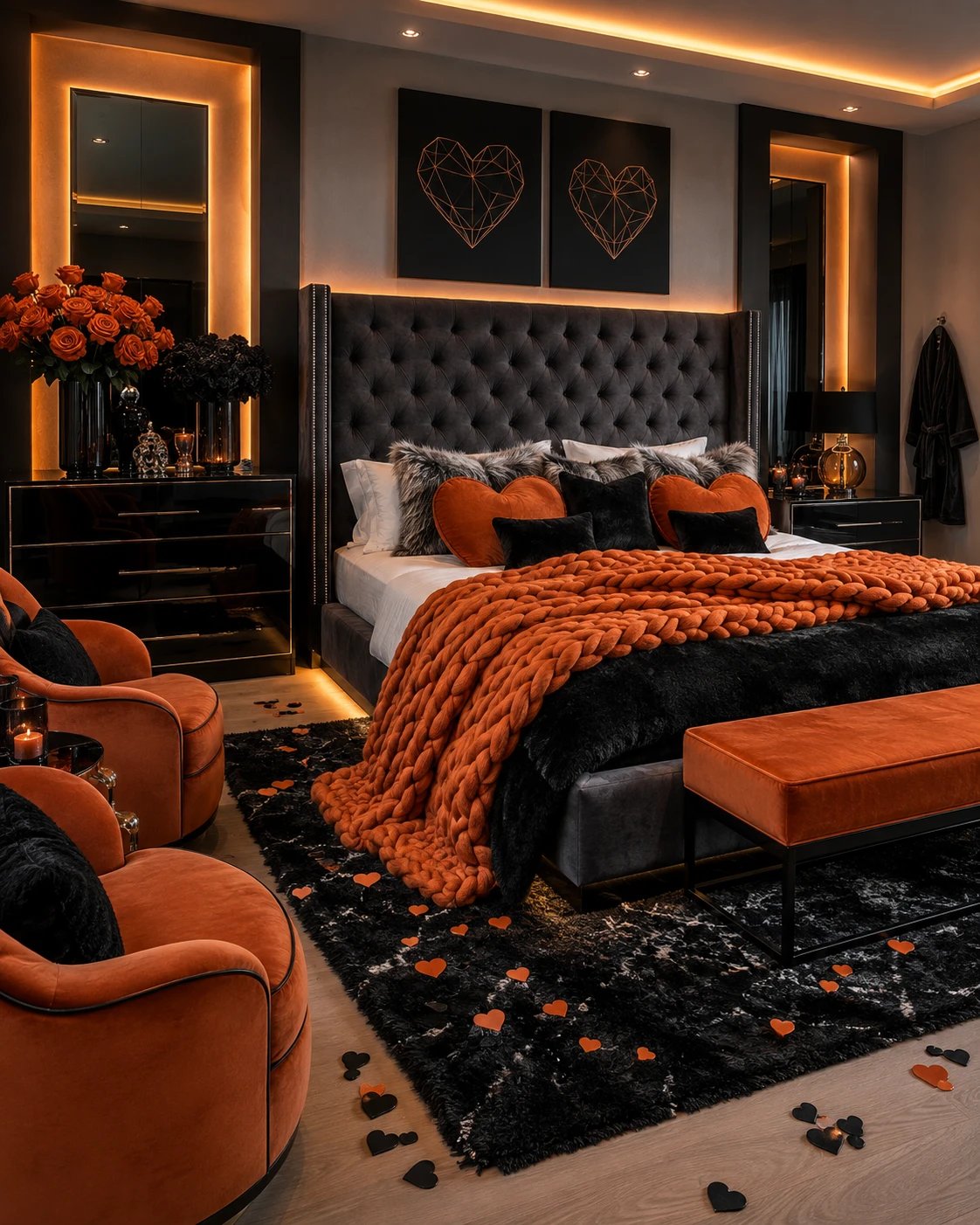 Charcoal and Burnt Orange Romantic Bedroom