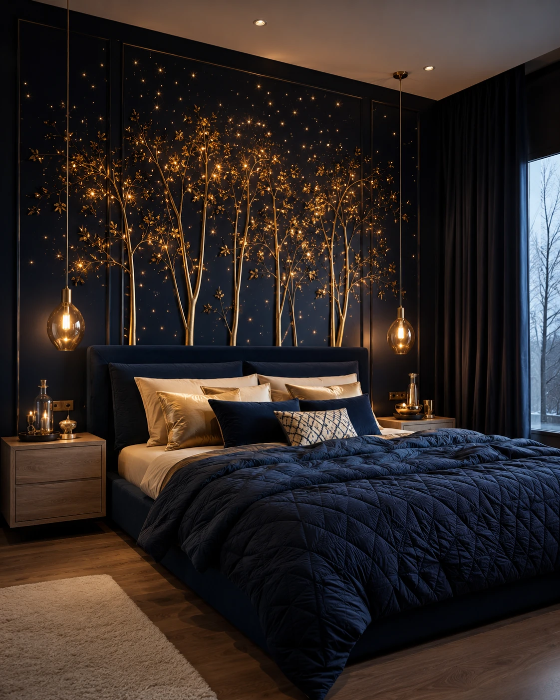 Midnight Blue and Gold Starlit Bedroom