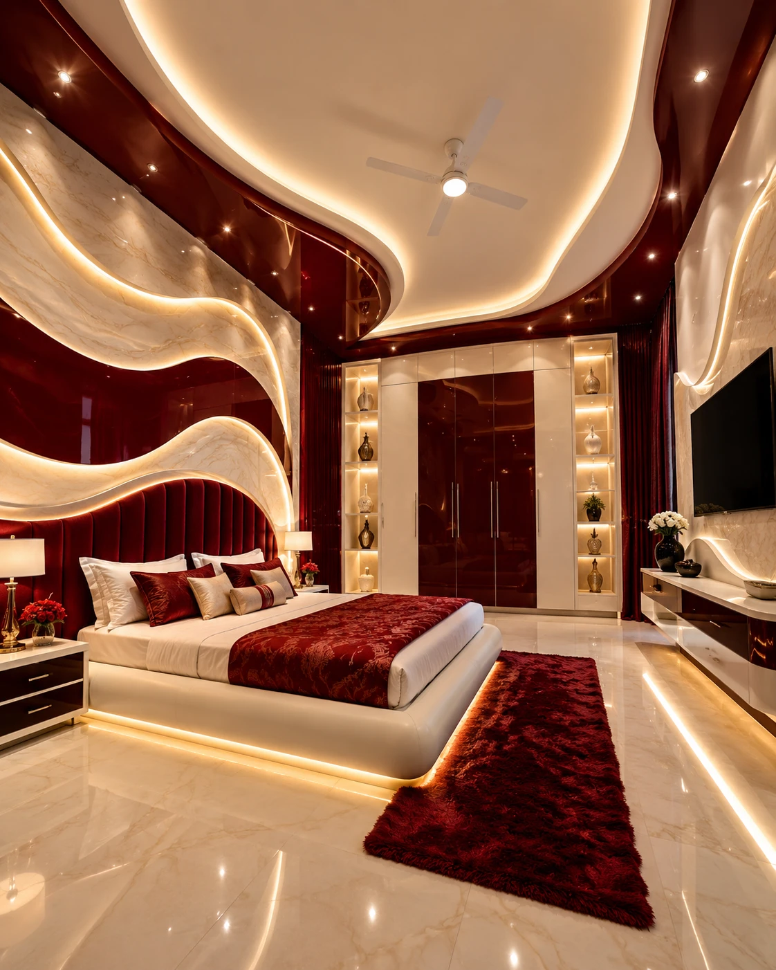Maroon and Cream Wave Design Bedroom